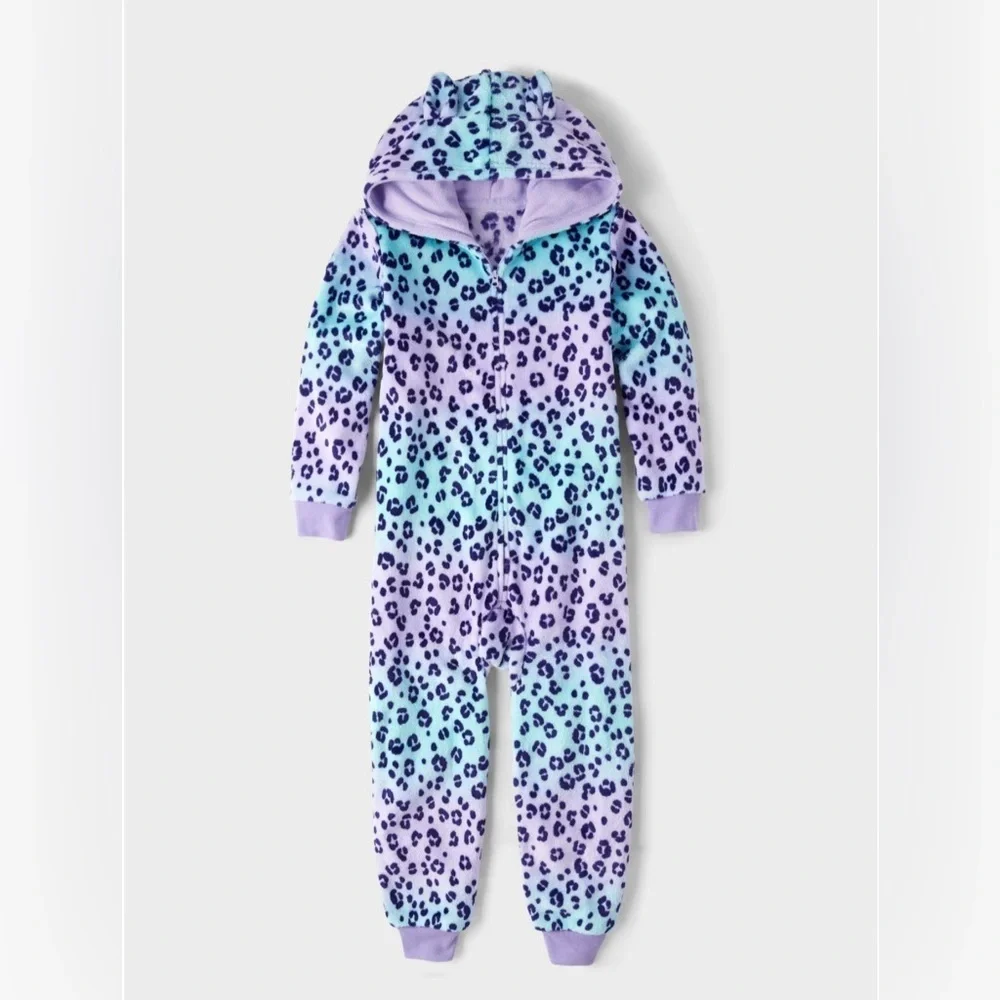 💜The Children's Place Girls Leopard cozy fleece sleepwear Onesie-SZ XL(14) NWT